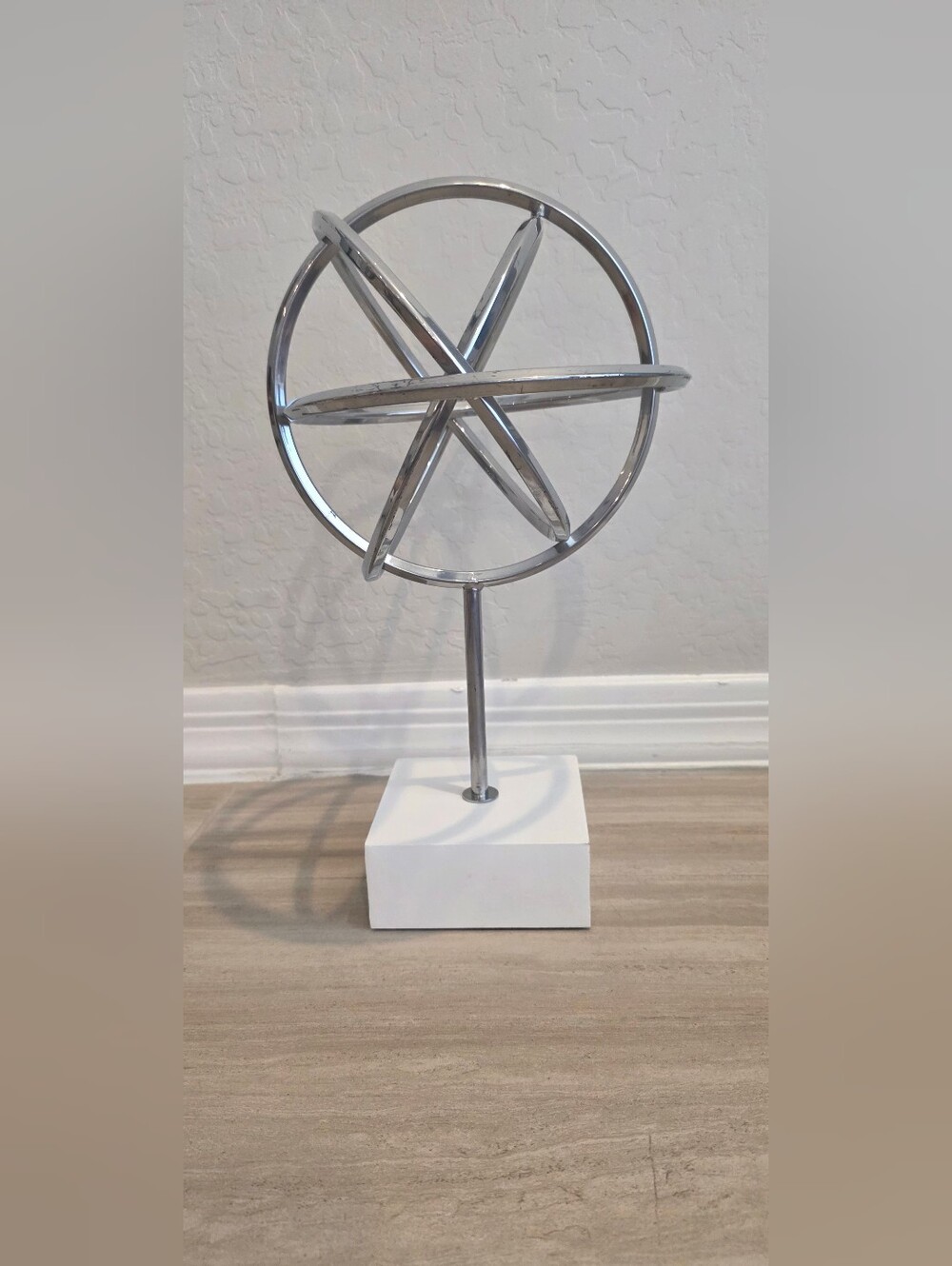 Modern Silver Orb Sculpture on White Base - Home Art Accent